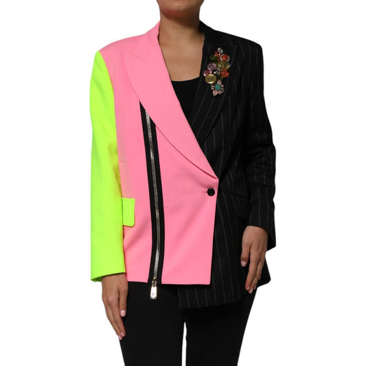 Dolce & Gabbana Multicolor Patchwork Embellished Coat Jacket with bright colors and unique design, perfect for luxury fashion enthusiasts.