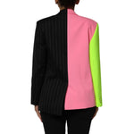 Back view of Dolce & Gabbana Multicolor Patchwork Embellished Coat Jacket featuring bold contrasting colors and exclusive design craftsmanship.