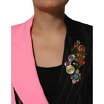 Close-up of Dolce & Gabbana Multicolor Patchwork Embellished Coat Jacket with decorative button detailing on the lapel.