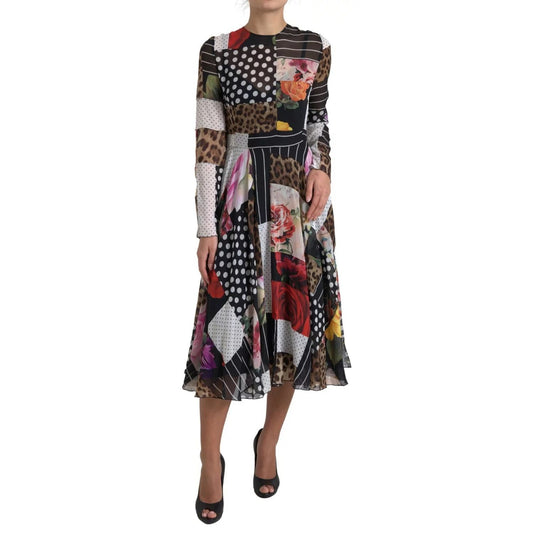 Dolce & Gabbana Multicolor Patchwork Floral Leopard Dress, A-line midi dress with logo details, made of silk blend, modeled on white background.