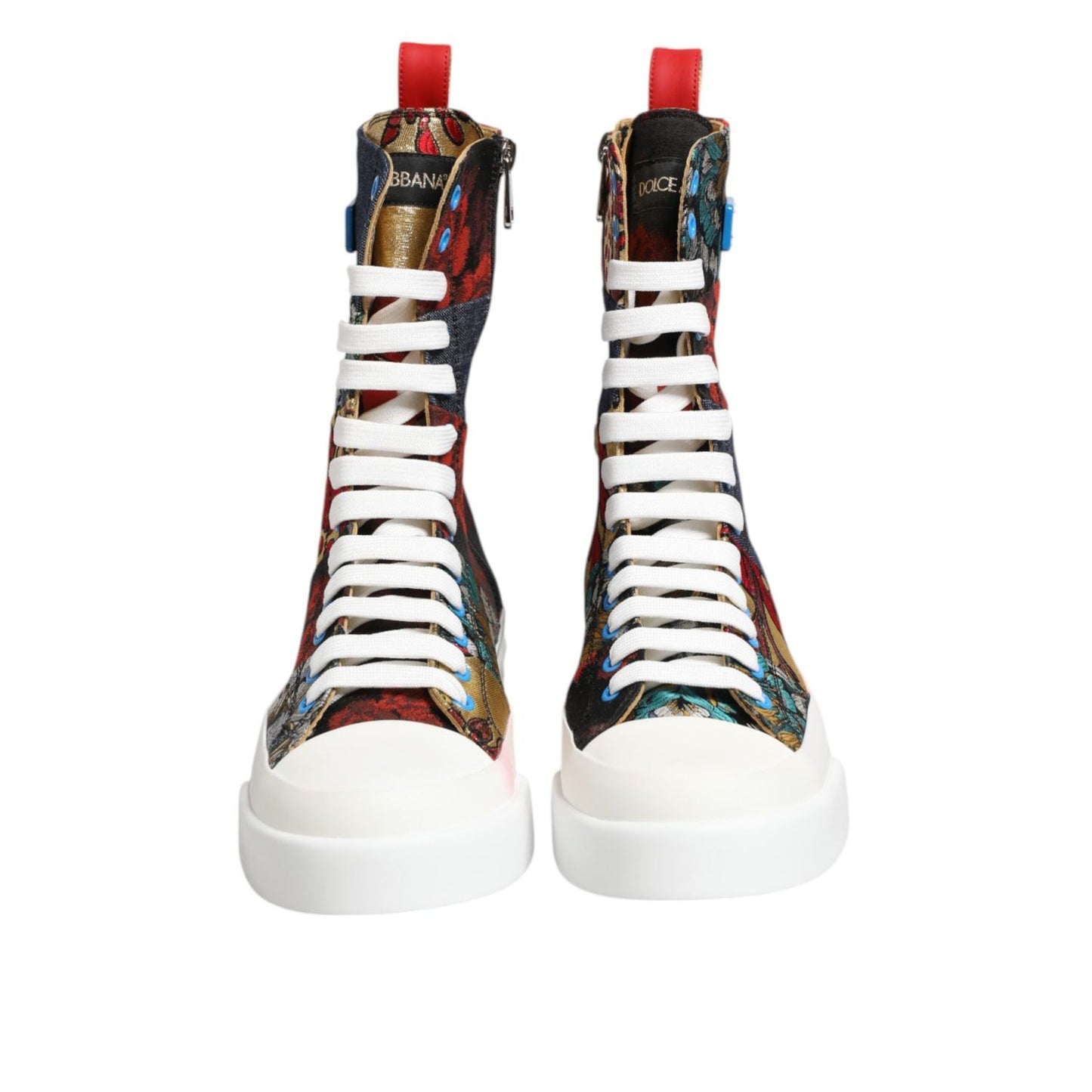 Dolce & Gabbana Multicolor Patchwork High Top Sneakers Shoes with lace-up closure, Italian craftsmanship, and bold color blocking.