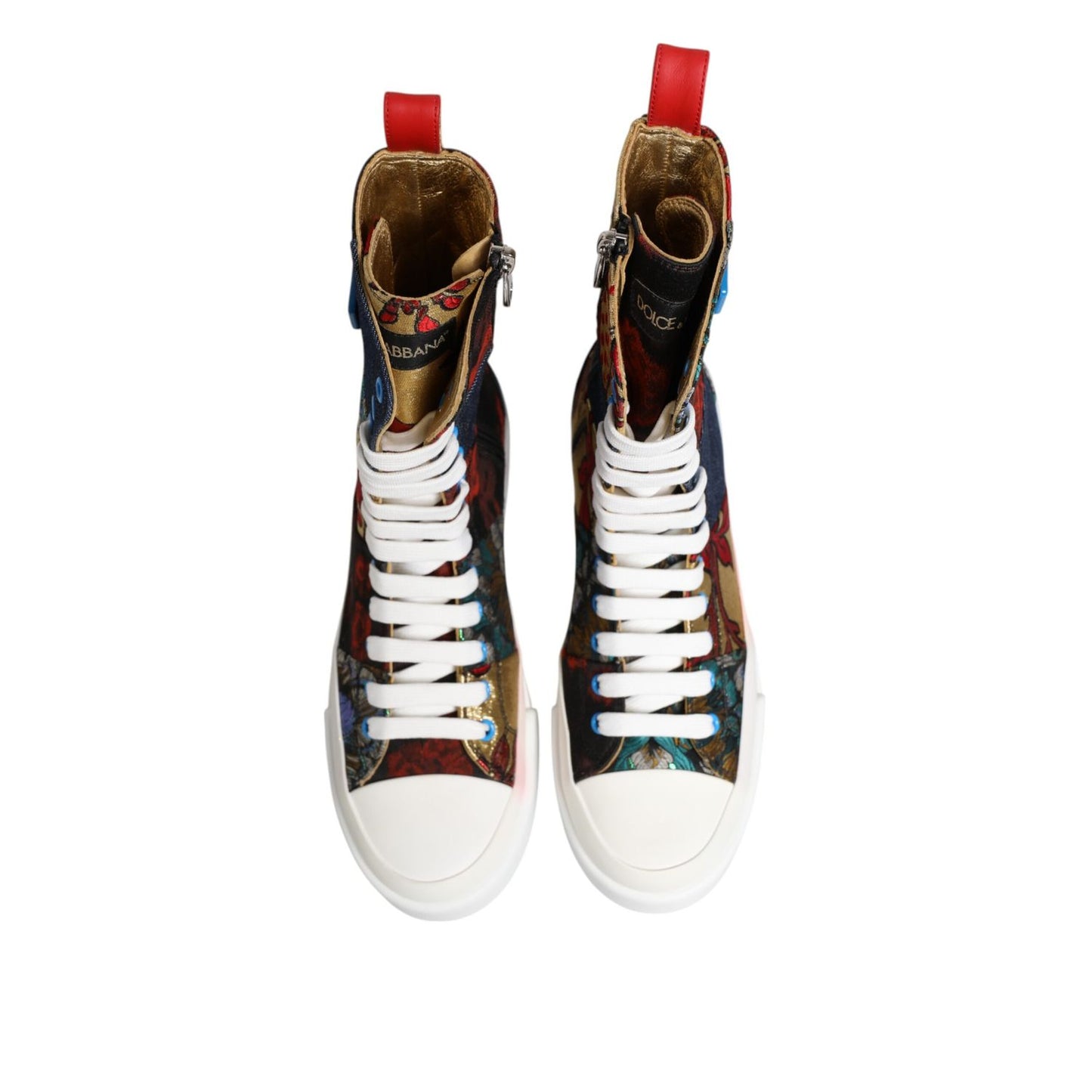 Dolce & Gabbana Multicolor Patchwork High Top Sneakers Shoes with bold pattern and Italian craftsmanship.