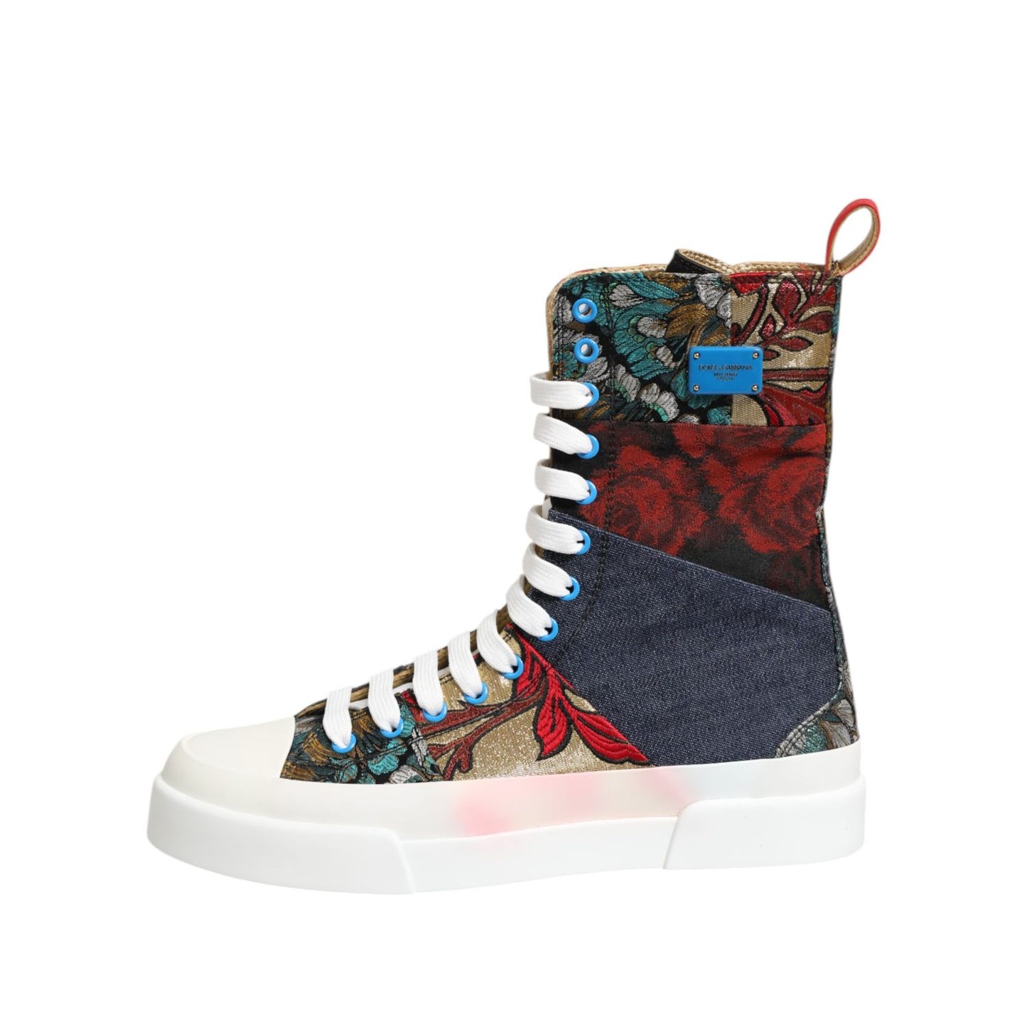 Dolce & Gabbana Multicolor Patchwork High Top Sneakers Shoes featuring bold color blocking and Italian craftsmanship.