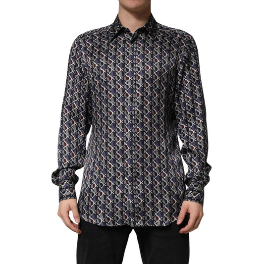 Dolce & Gabbana Multicolor Patterned Collared GOLD Men Dress Shirt 1728,67345645728,Clothing,Dolce & Gabbana,IT42 | XL,Long Sleeve - T-Shirts - Clothing,Material: 100% Silk,Men,Multicolor,New with tags,T-Shirts - Clothing