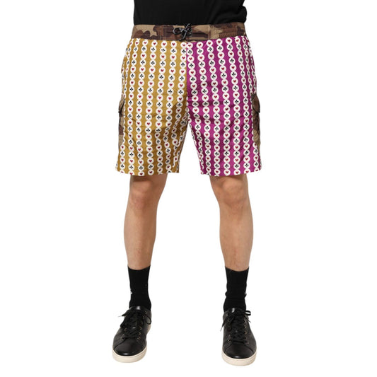 Dolce & Gabbana Multicolor Playing Card Camouflage Shorts Swimwear with magenta and mustard split design, camouflage details.