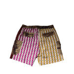 Dolce & Gabbana Multicolor Playing Card Camouflage Shorts Swimwear with heart and club motifs, magenta and mustard hues.