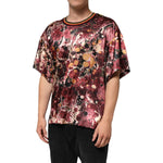 Dolce & Gabbana Multicolor Polyester Marble Print Oversize T-shirt on model, featuring red, black, cream, and gold abstract design.