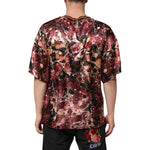 Dolce & Gabbana Multicolor Polyester Marble Print Oversize T-shirt in red, black, cream, and gold seen from the back with logo detail.