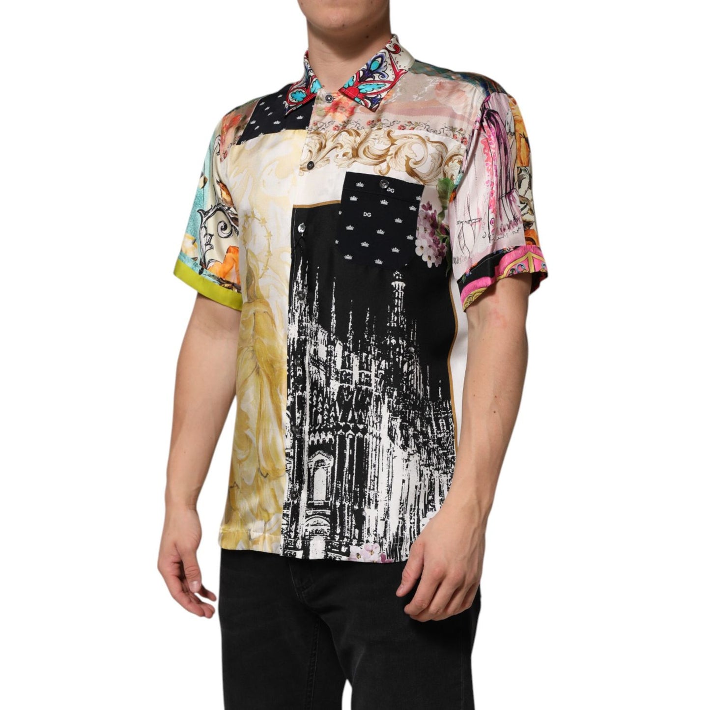 Dolce & Gabbana Multicolor Printed Button Down Casual Shirt in silk, showcasing exclusive prints and button closure, worn by male model.