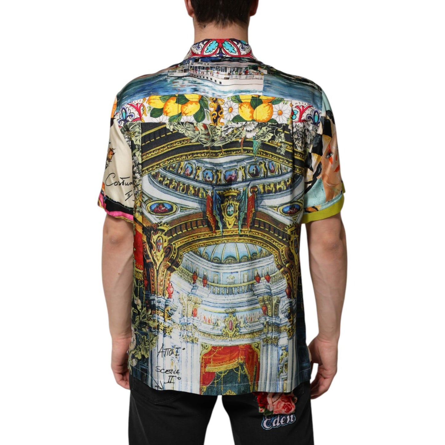 Back view of Dolce & Gabbana Multicolor Printed Button Down Casual Shirt showcasing intricate designs and vibrant colors.