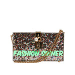 Dolce & Gabbana Multicolor PurseBox Fashion Sinner Glitter Crossbody Bag with gold chain strap and logo hardware.