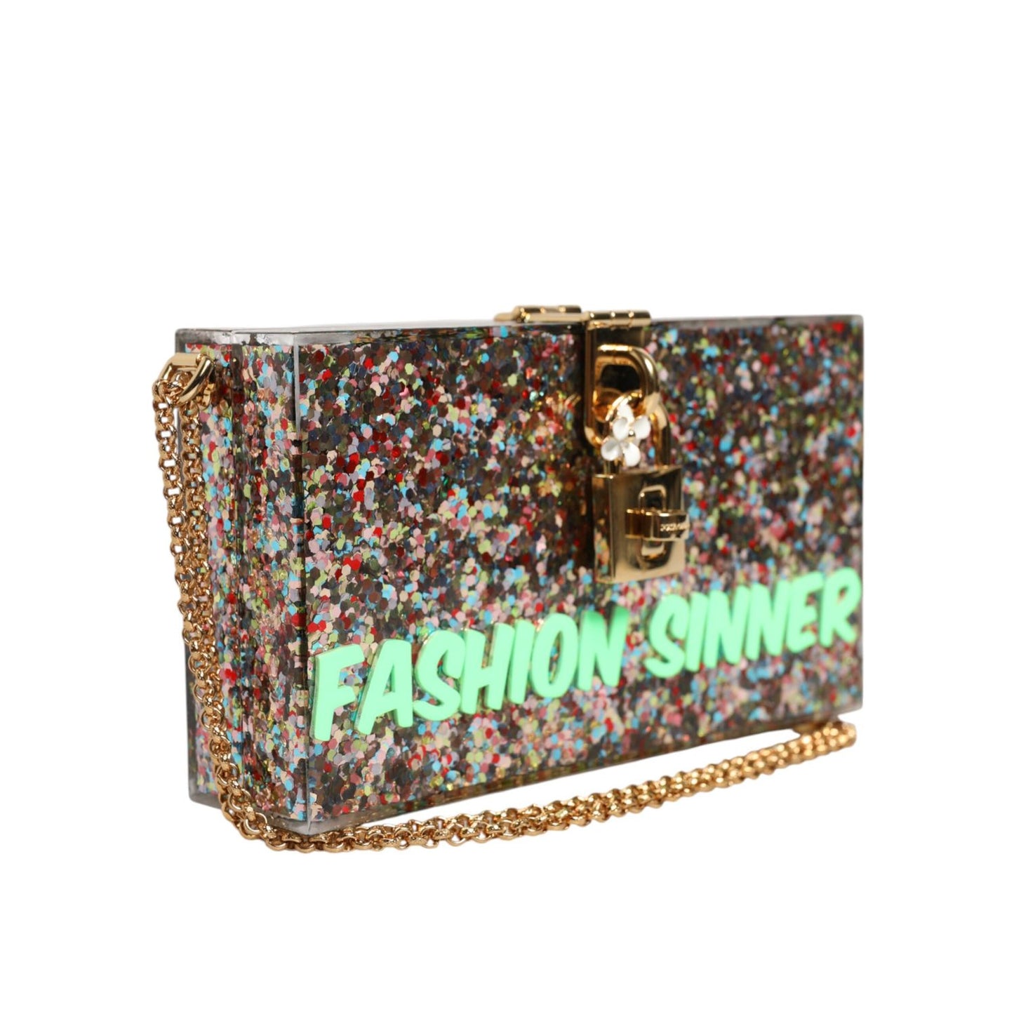 Dolce & Gabbana Multicolor PurseBox Fashion Sinner Glitter Crossbody Bag with gold chain strap and logo detail.