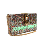 Dolce & Gabbana Multicolor PurseBox Fashion Sinner Glitter Crossbody Bag with gold chain strap and logo detail.