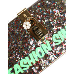 Close-up of Dolce & Gabbana Multicolor PurseBox Fashion Sinner Glitter Crossbody Bag with lock details and glitter design.