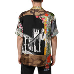 Back view of Dolce & Gabbana Multicolor Silk Opera Print Men Casual Shirt with artistic design and floral elements.
