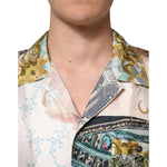 Close-up of Dolce & Gabbana Multicolor Silk Opera Print Men Casual Shirt featuring unique print and stitching details.