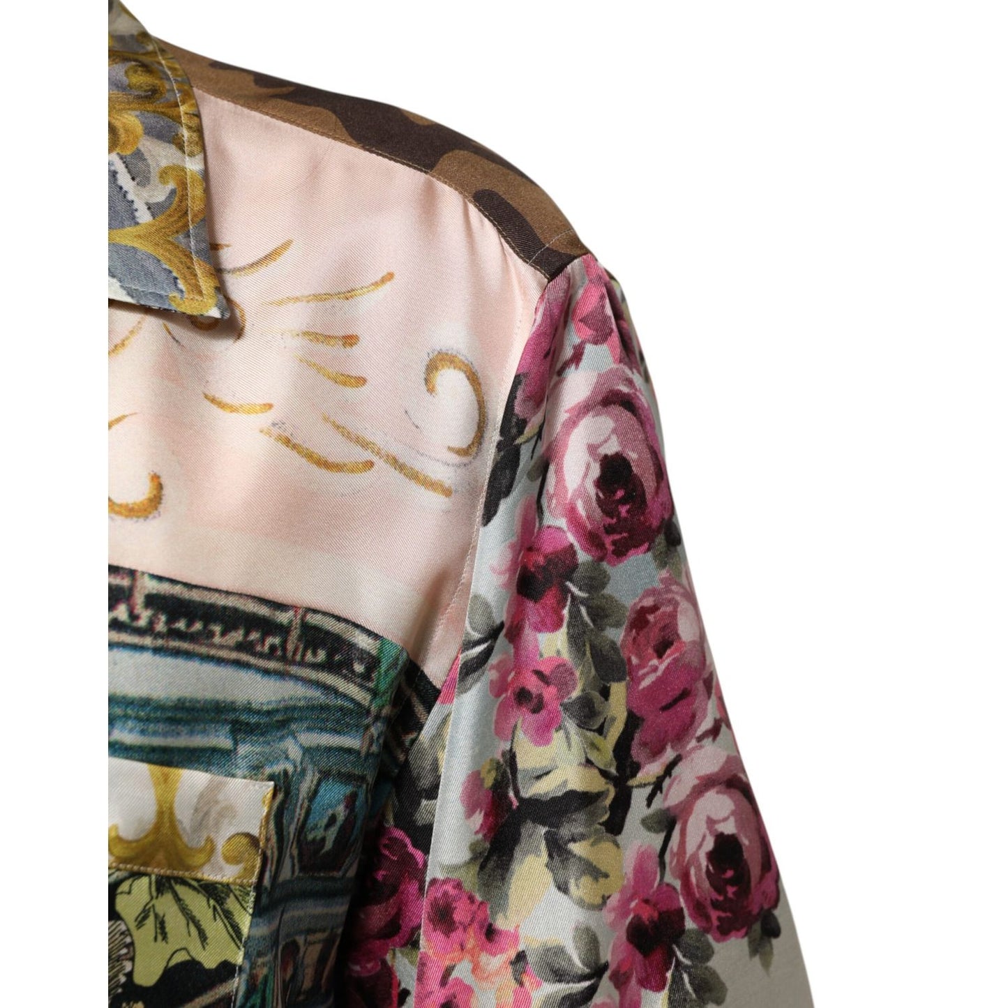 Dolce & Gabbana Multicolor Silk Opera Print Men Casual Shirt with floral and artistic design detail.