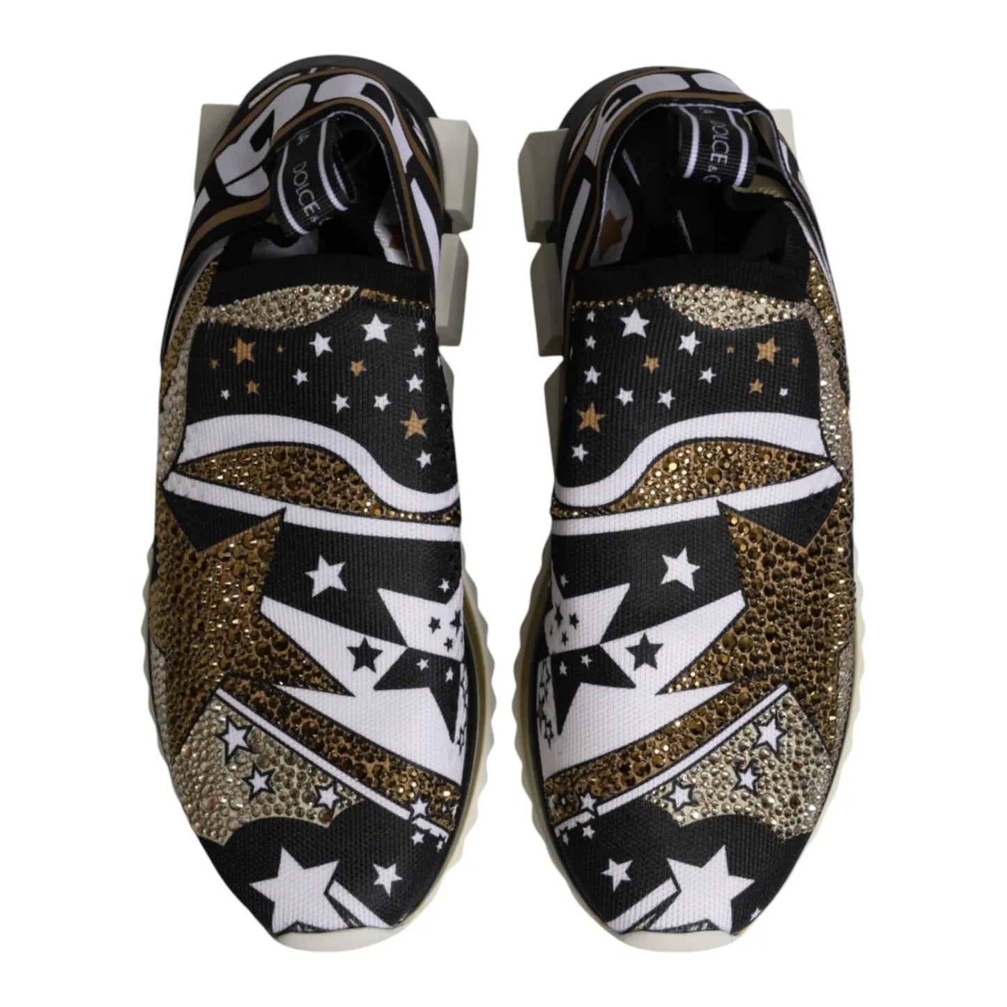 Dolce & Gabbana Multicolor Sorrento Low Top Sneakers Shoes in gold, black, and white with star design, elastic edge, and logo details.
