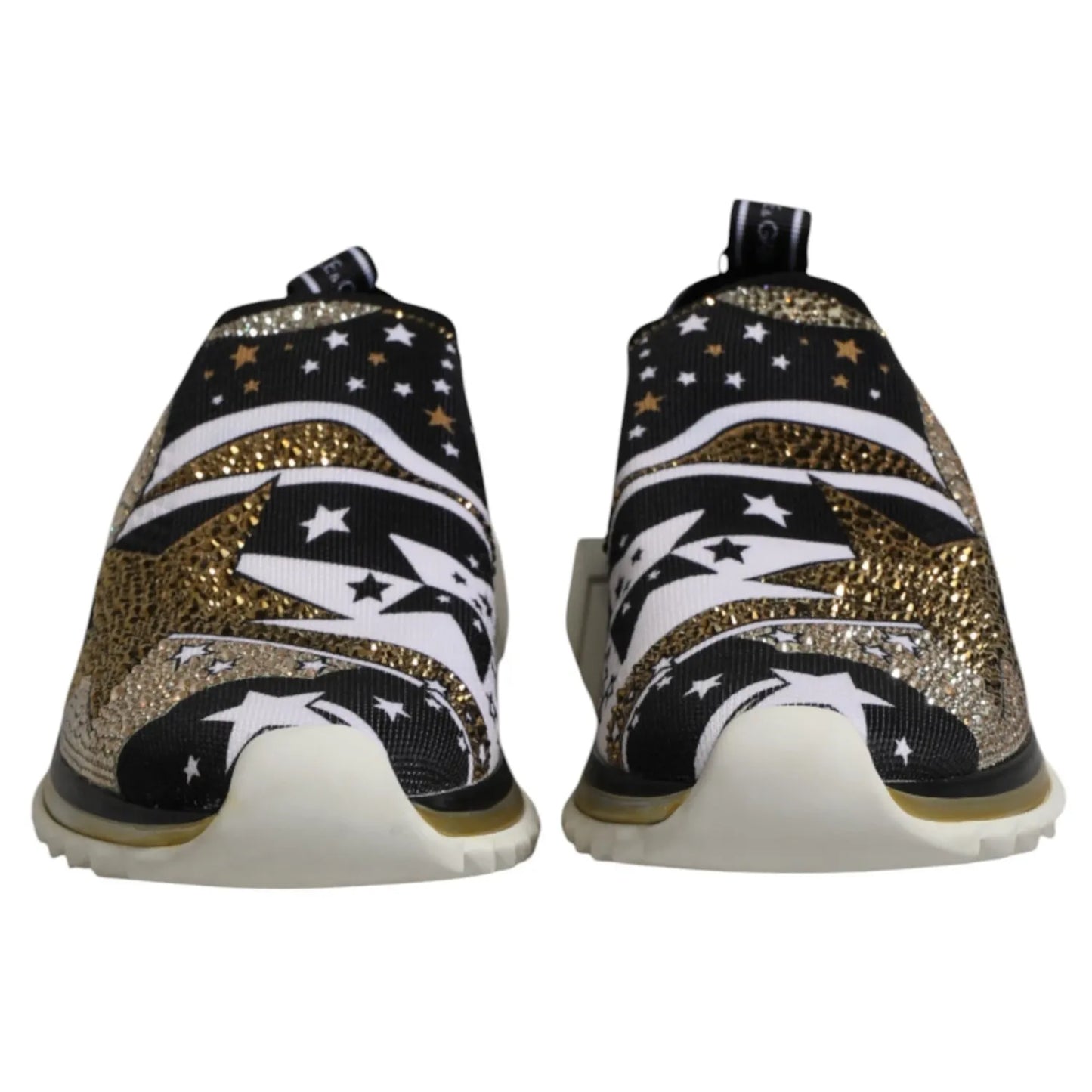 Front view of Dolce & Gabbana Multicolor Sorrento Low Top Sneakers Shoes featuring gold, black, white design and rubber sole.