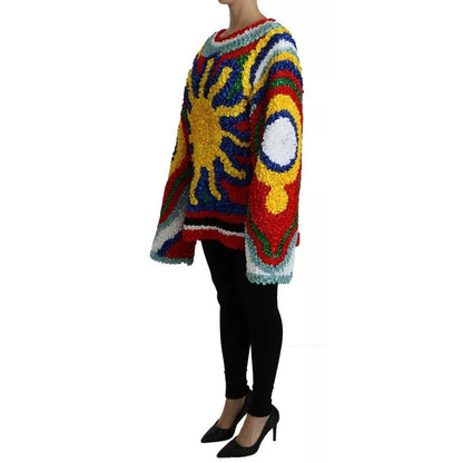 Dolce & Gabbana Multicolor Sun Ruffled Top Blouse Sweater 1728,24% Cotton,25% Silk,3% Rayon,5% Lurex,67345645728,8% Rayon,Clothing,Dolce & Gabbana,IT40|S,Material: 35% Nylon,Multicolor,New with tags,Ponchos - Sweaters - Clothing,Sweaters - Clothing,Sweate