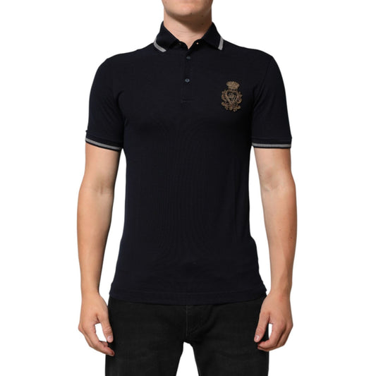 Dolce & Gabbana Navy Blue Cotton Crown Crest Logo Men T-Shirt with gold embroidered logo and ribbed collar, stylish and elegant.