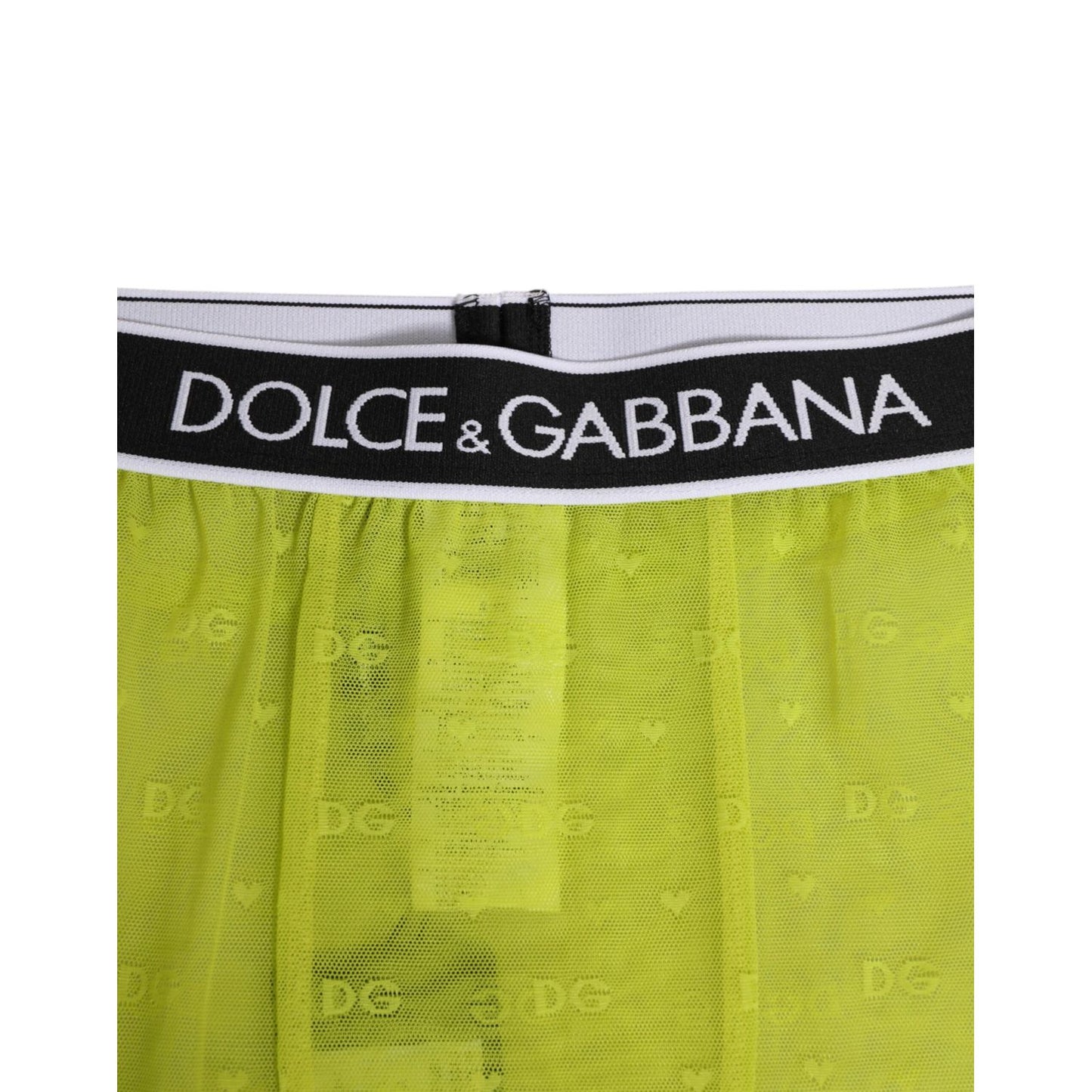 Dolce & Gabbana Neon Green Nylon Logo Lace Leggings Pants Underwear with DG logo waistband, vibrant neon green lace pattern.