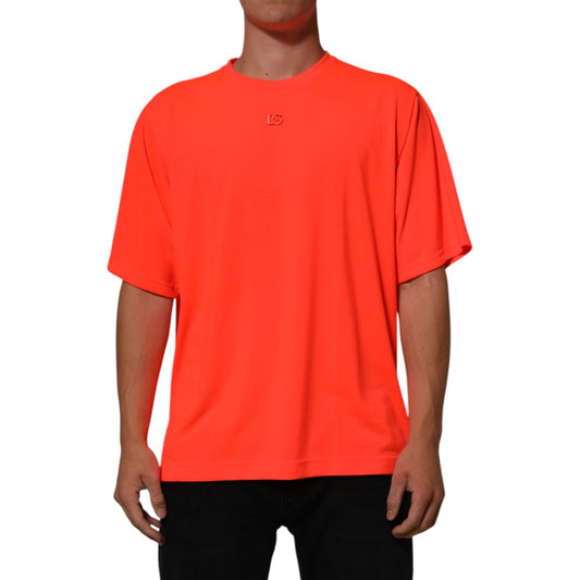 Dolce & Gabbana Neon Orange Polyester Men Crew Neck T-shirt with short sleeves, showcasing vibrant color and casual style.