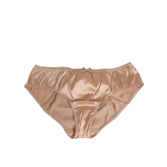 Dolce & Gabbana Nude Beige Silk Satin Bow Lace Trim Underwear with logo detail, crafted in Italy, elegant and luxurious women's intimates.