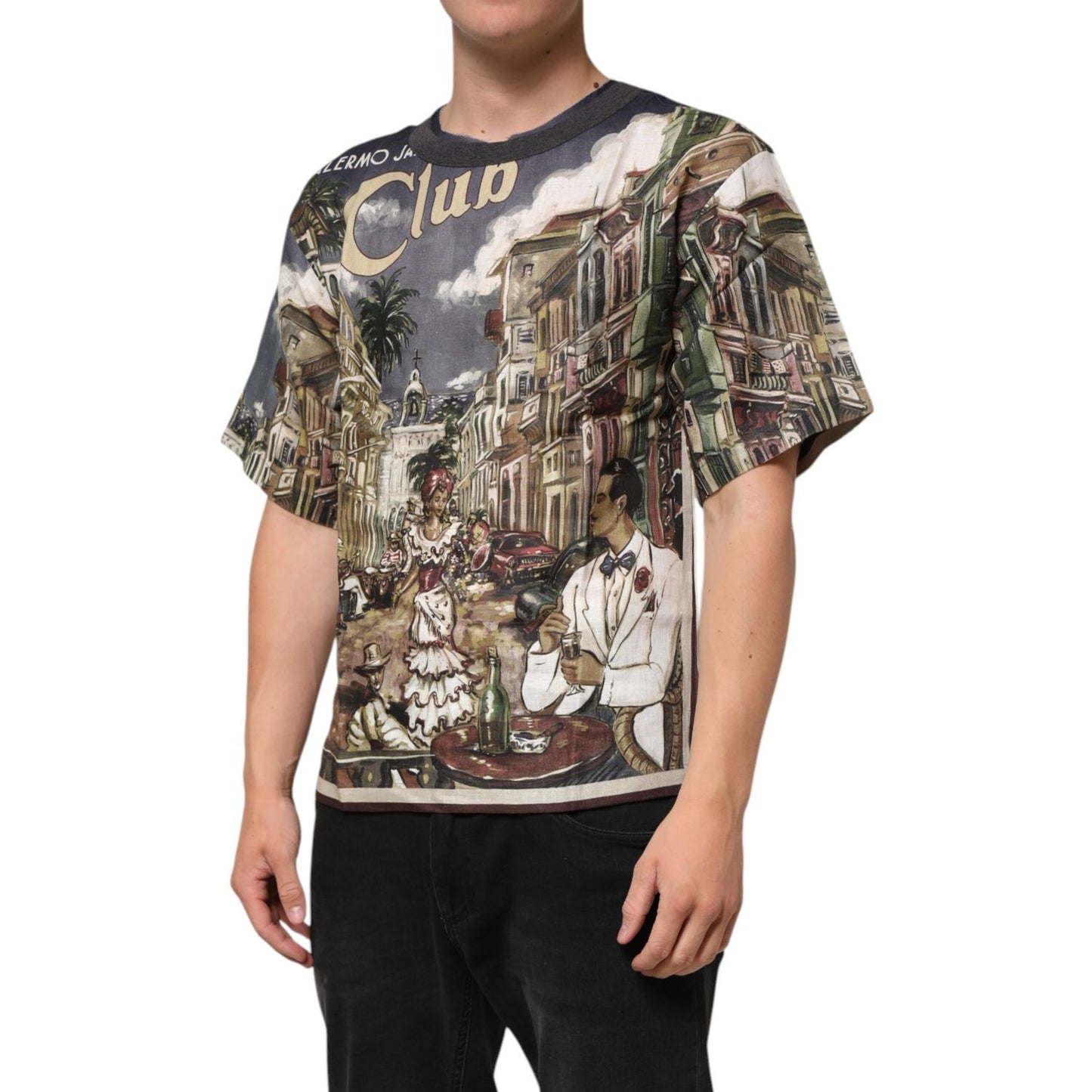 Dolce & Gabbana Palermo Jazz Club Linen Crew Neck Men T-shirt with artistic print worn by model