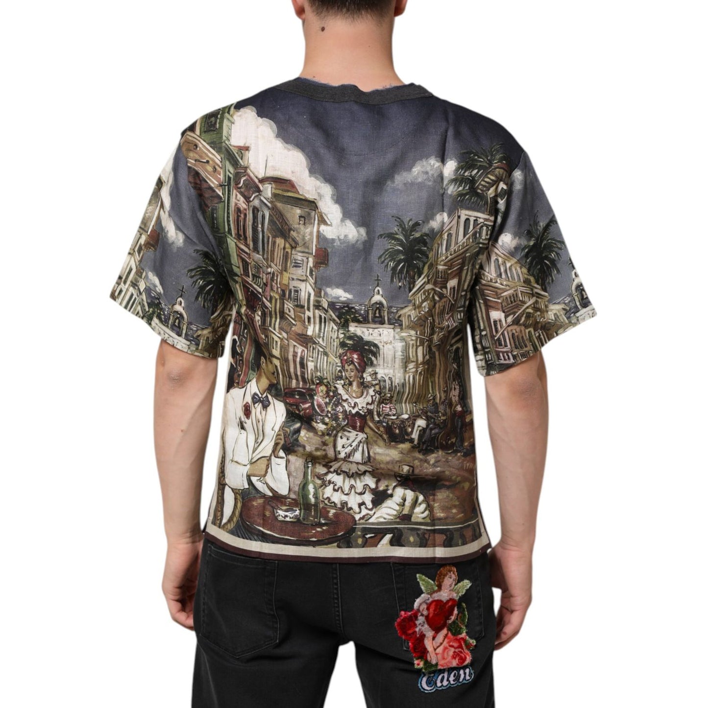 Back view of Dolce & Gabbana Palermo Jazz Club Linen Crew Neck Men T-shirt featuring artistic print design.