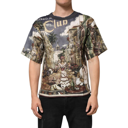 Dolce & Gabbana Palermo Jazz Club Linen Crew Neck Men T-shirt with artistic print of a bustling street scene.