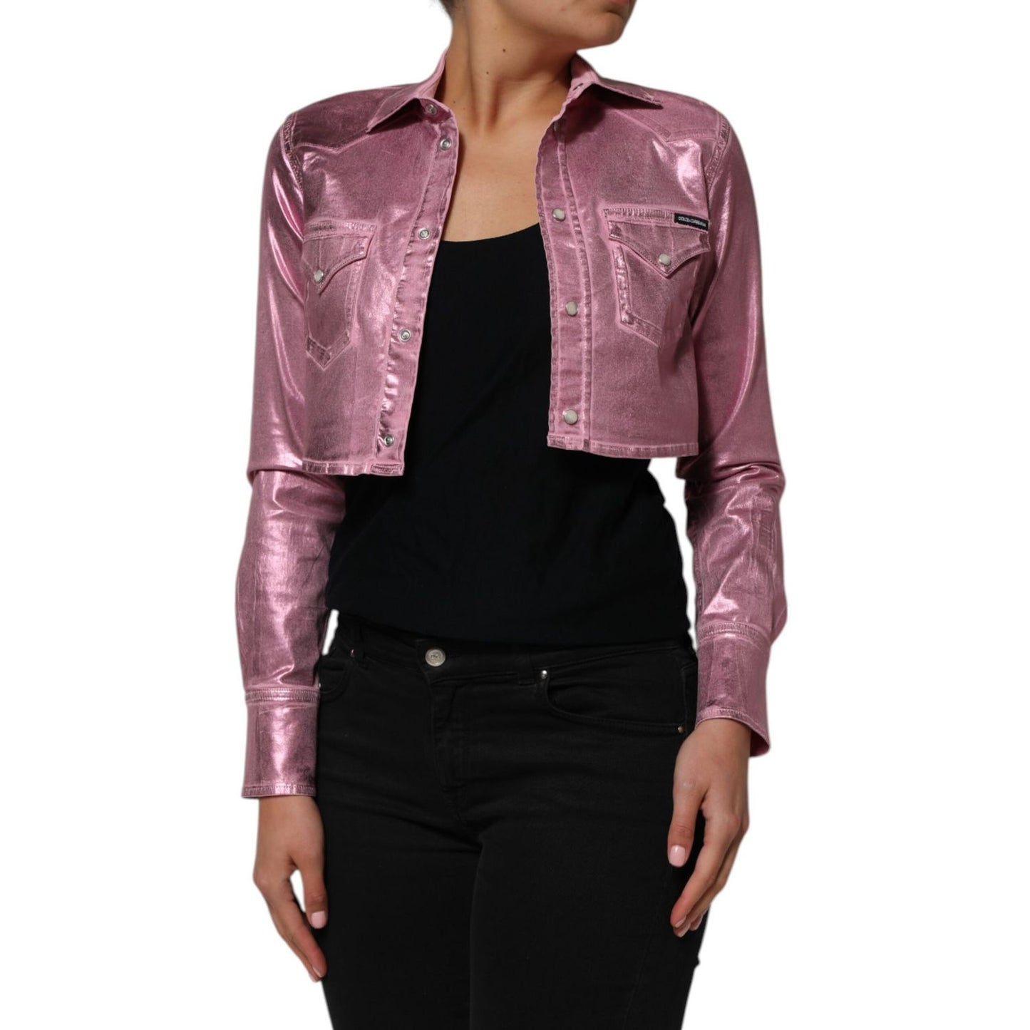 Dolce & Gabbana Pink Cotton Stretch Collared Cropped Jacket