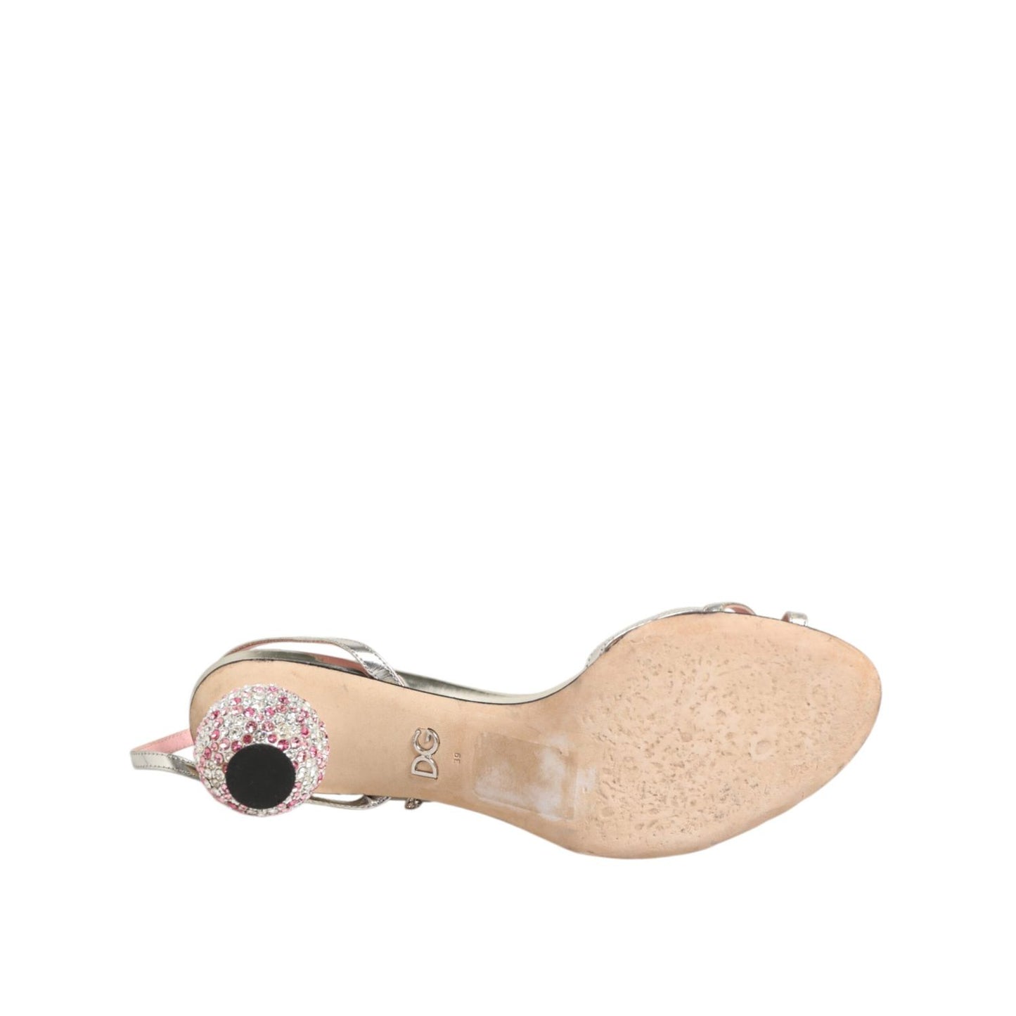 Sole view of Dolce & Gabbana Pink Embellished Leather Ball-Heel Sandals Shoes with sparkling embellishments on ball-shaped heel.