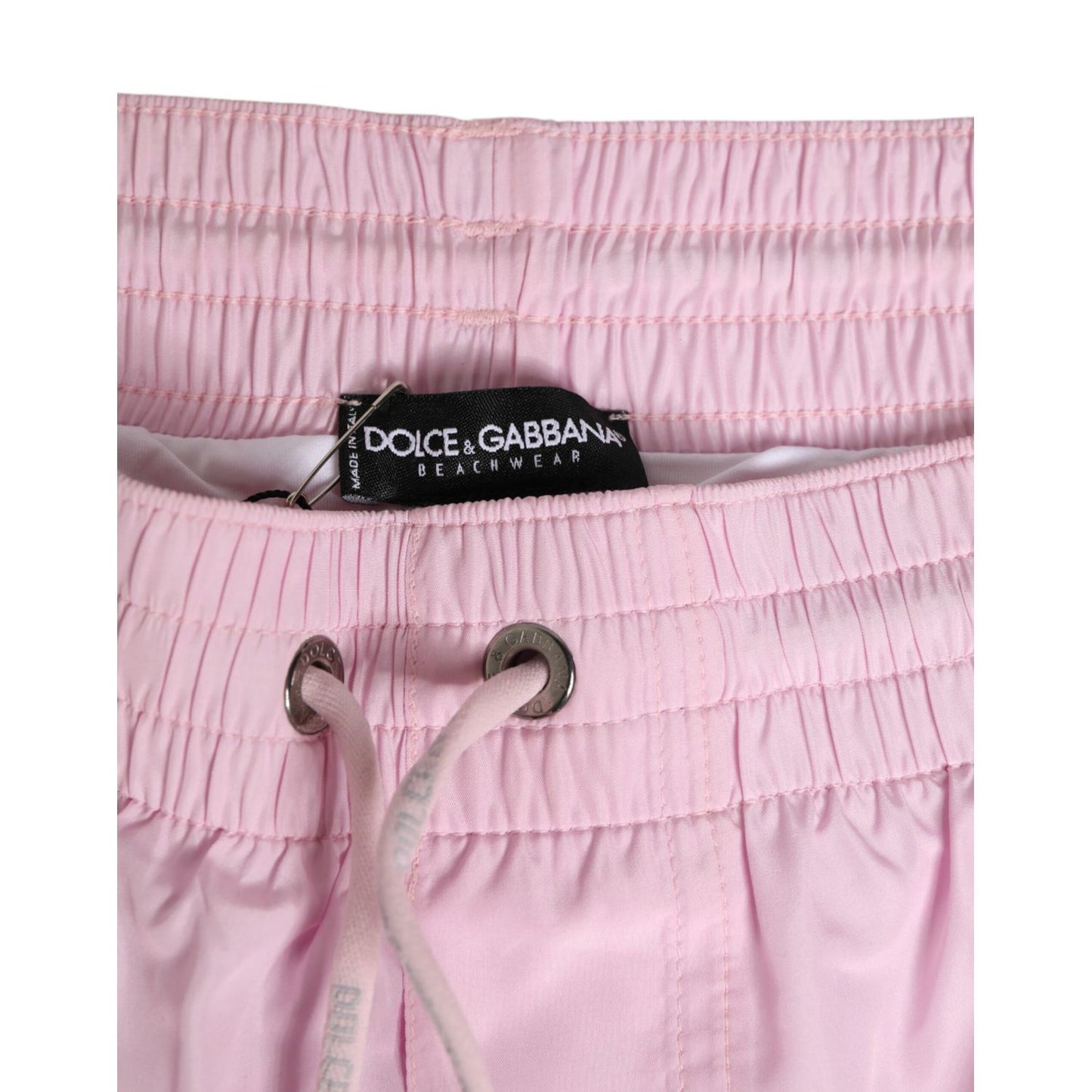 Dolce & Gabbana Pink Nylon Logo Side Stripe Beachwear Men Swimwear with drawstring waistband and logo details.