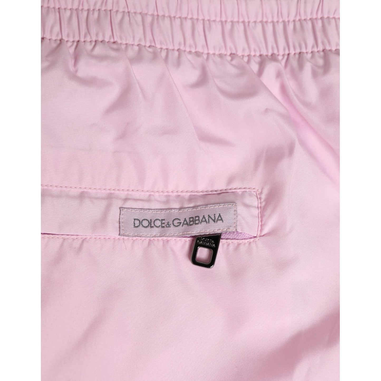 Dolce & Gabbana Pink Nylon Logo Side Stripe Beachwear Men Swimwear shorts showcasing back pocket and brand label
