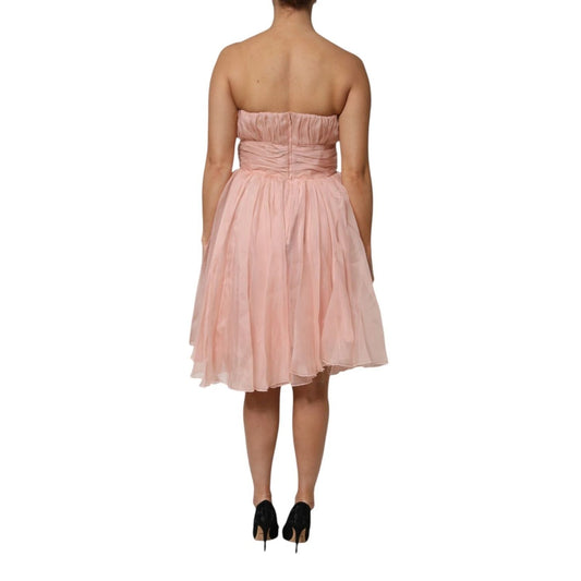 Back view of Dolce & Gabbana Pink Silk Chiffon A-line Pleated Midi Dress on model, showcasing elegant design and craftsmanship.