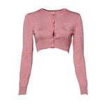 Dolce & Gabbana Pink Silk Cropped Crew Neck Cardigan Sweater with button closure and logo details, made in Italy, preowned with minor wear.