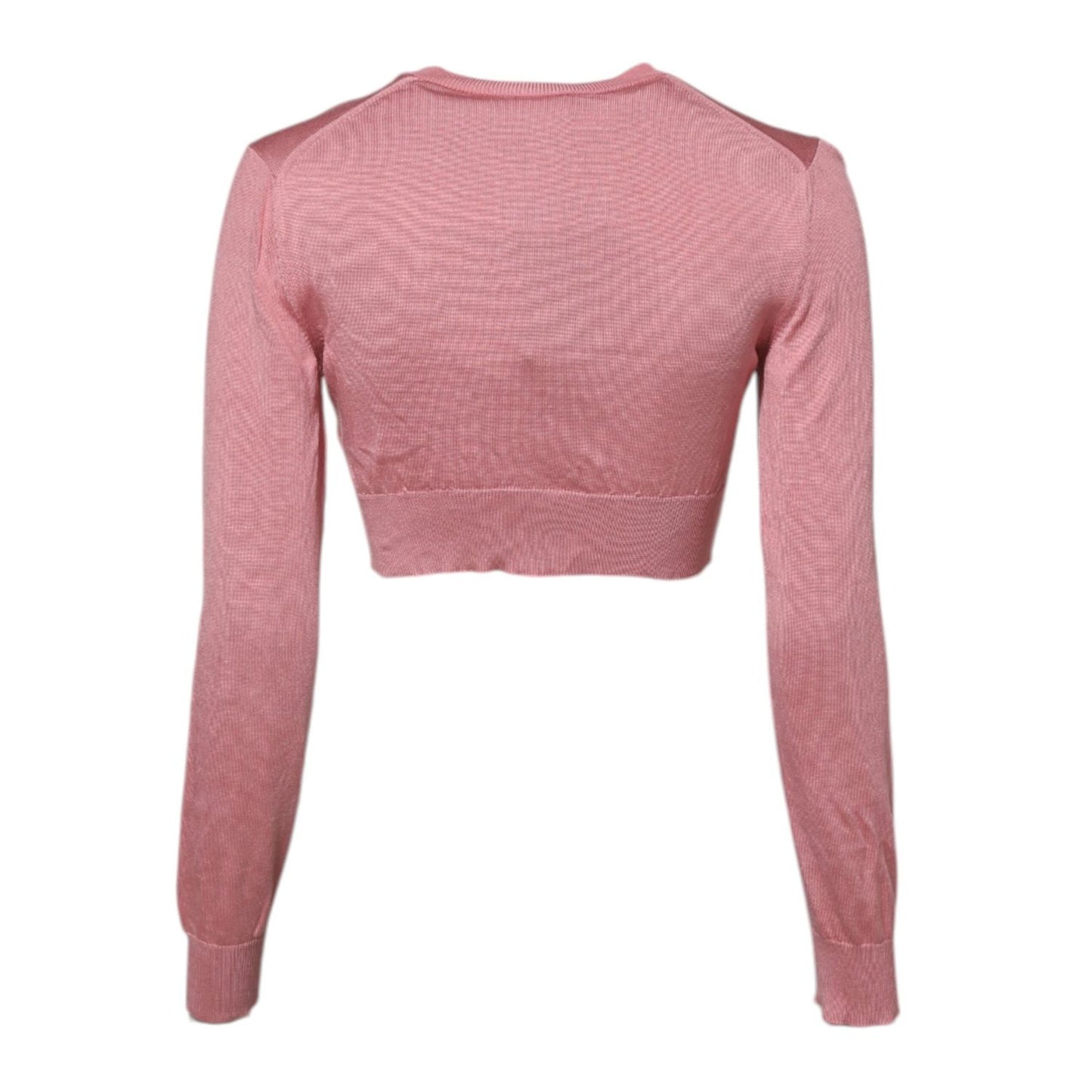 Back view of Dolce & Gabbana Pink Silk Cropped Crew Neck Cardigan Sweater, featuring long sleeves and preowned condition.