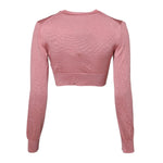 Back view of Dolce & Gabbana Pink Silk Cropped Crew Neck Cardigan Sweater, featuring long sleeves and preowned condition.
