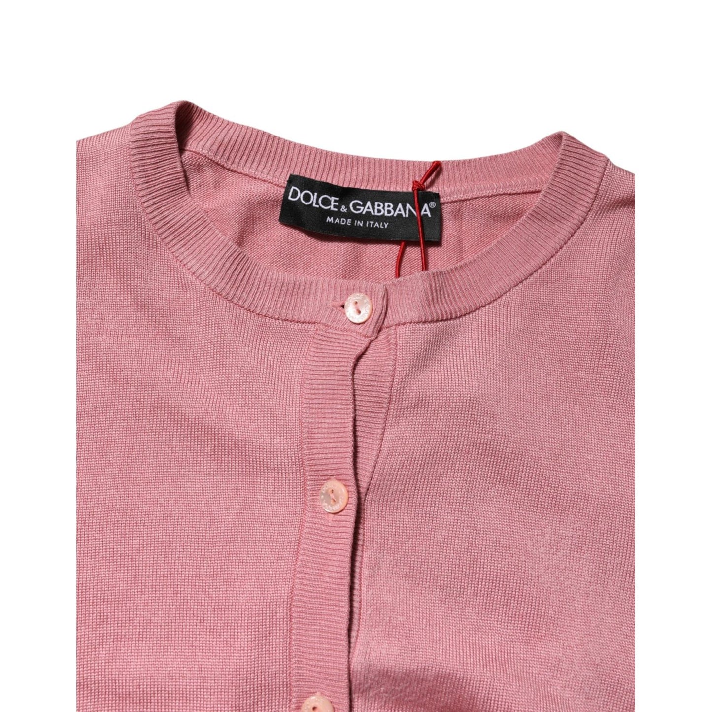 Dolce & Gabbana Pink Silk Cropped Crew Neck Cardigan Sweater with front button closure, preowned with logo, made in Italy.