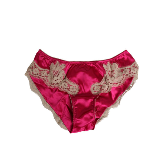 Dolce & Gabbana Pink Silk Satin Lace Trim New Slip Underwear with beige lace detail, elegant slip-style panty, vibrant color, made in Italy.