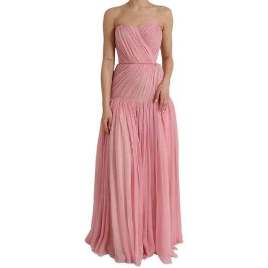 Dolce & Gabbana Pink Silk Strapless Maxi A-line Gown Dress with zipper closure and logo details, 100% silk, made in Italy.