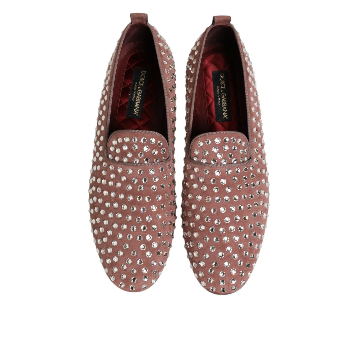 Dolce & Gabbana Pink Suede Crystals Loafers Men Dress Shoes front view, showcasing dazzling crystal-adorned suede for a stylish look.