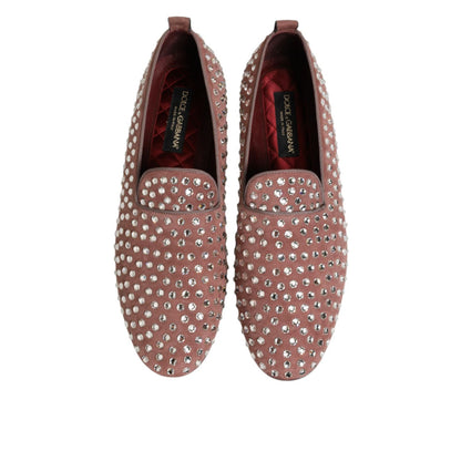 Dolce & Gabbana Pink Suede Crystals Loafers Men Dress Shoes front view, showcasing dazzling crystal-adorned suede for a stylish look.