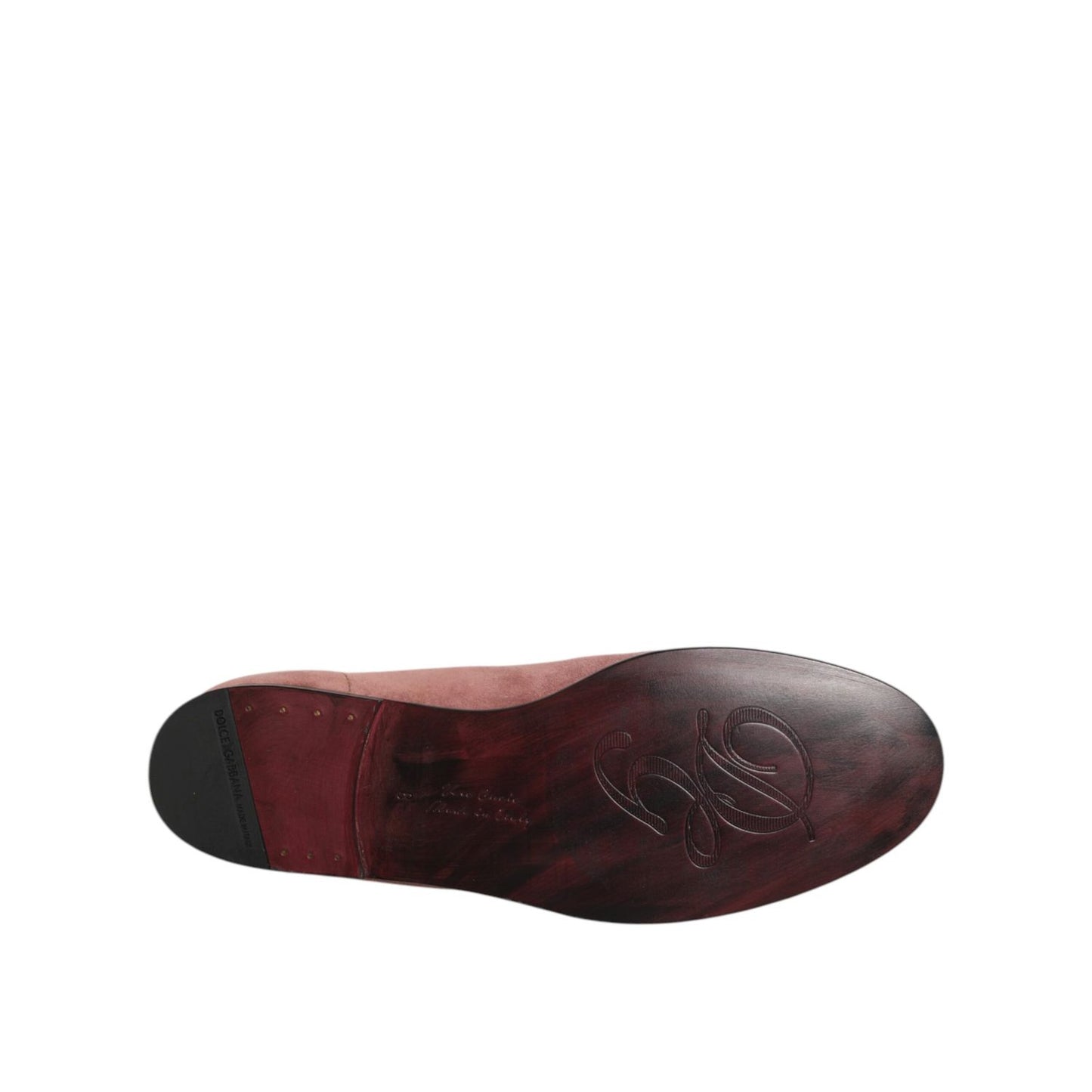 Underside view of Dolce & Gabbana Pink Suede Loafers Formal Men Dress Shoes highlighting the sole design.