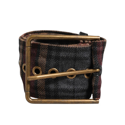 Dolce & Gabbana Plaid Fabric Logo Plate Brass Buckle Belt with antique brass hardware, perfect for a stylish casual look.