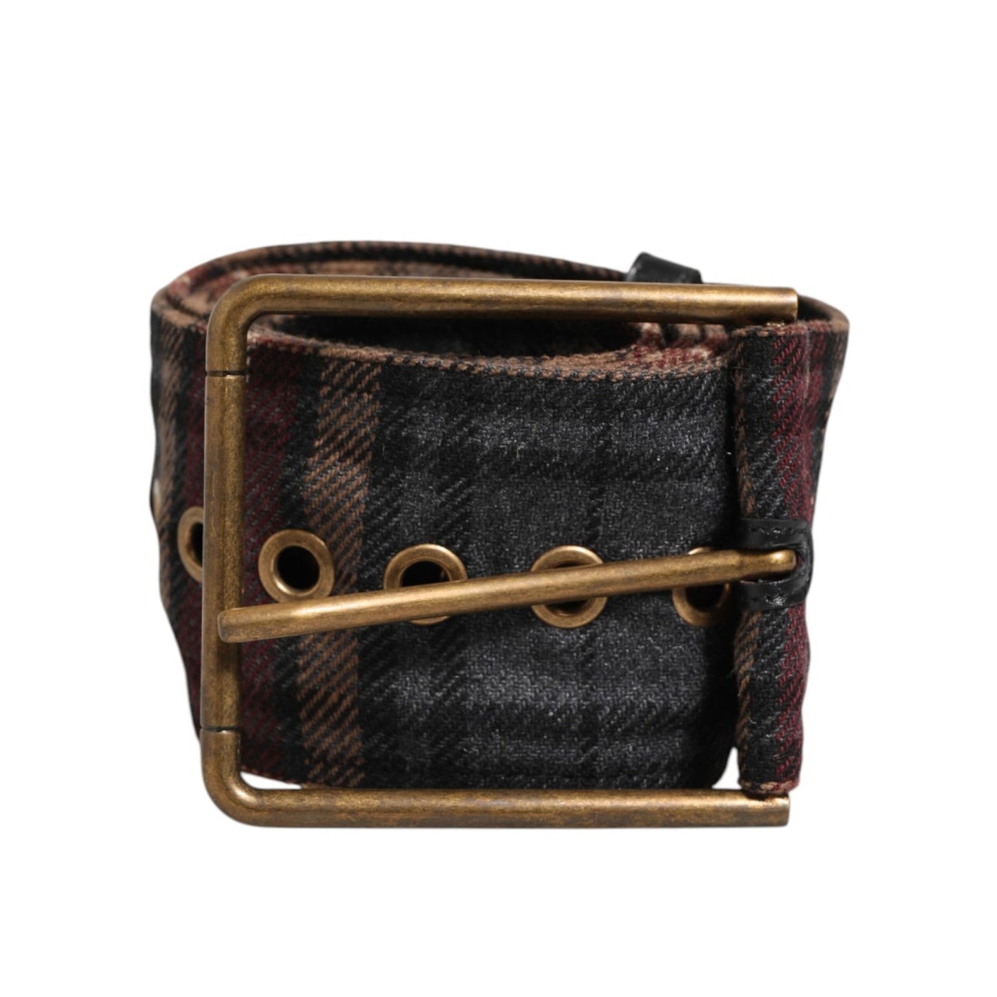 Dolce & Gabbana Plaid Fabric Logo Plate Brass Buckle Belt in black, brown, and red plaid with brass hardware, ideal for stylish outfits.