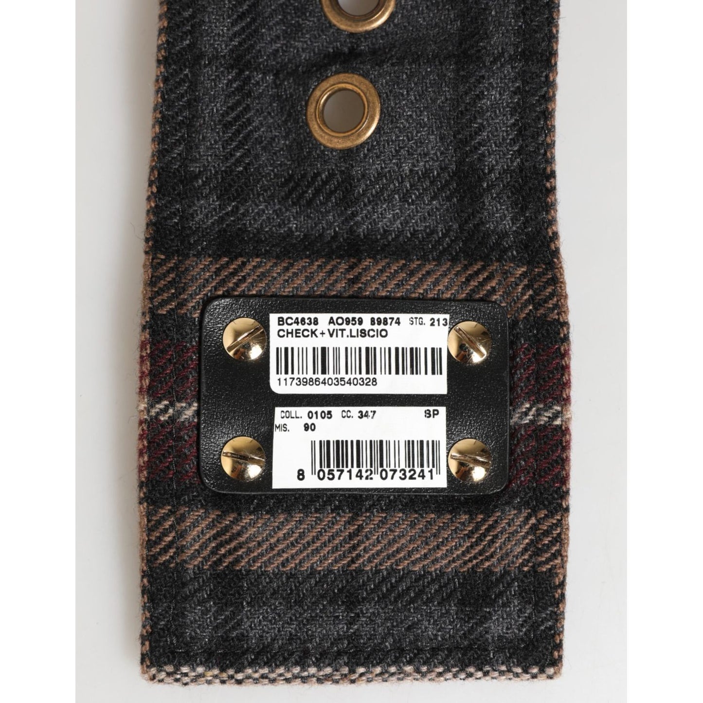 Dolce & Gabbana Plaid Fabric Logo Plate Brass Buckle Belt showing back detail with plaid pattern and barcode label.