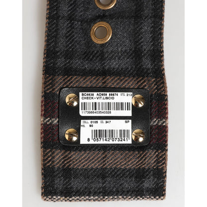 Dolce & Gabbana Plaid Fabric Logo Plate Brass Buckle Belt showing back detail with plaid pattern and barcode label.