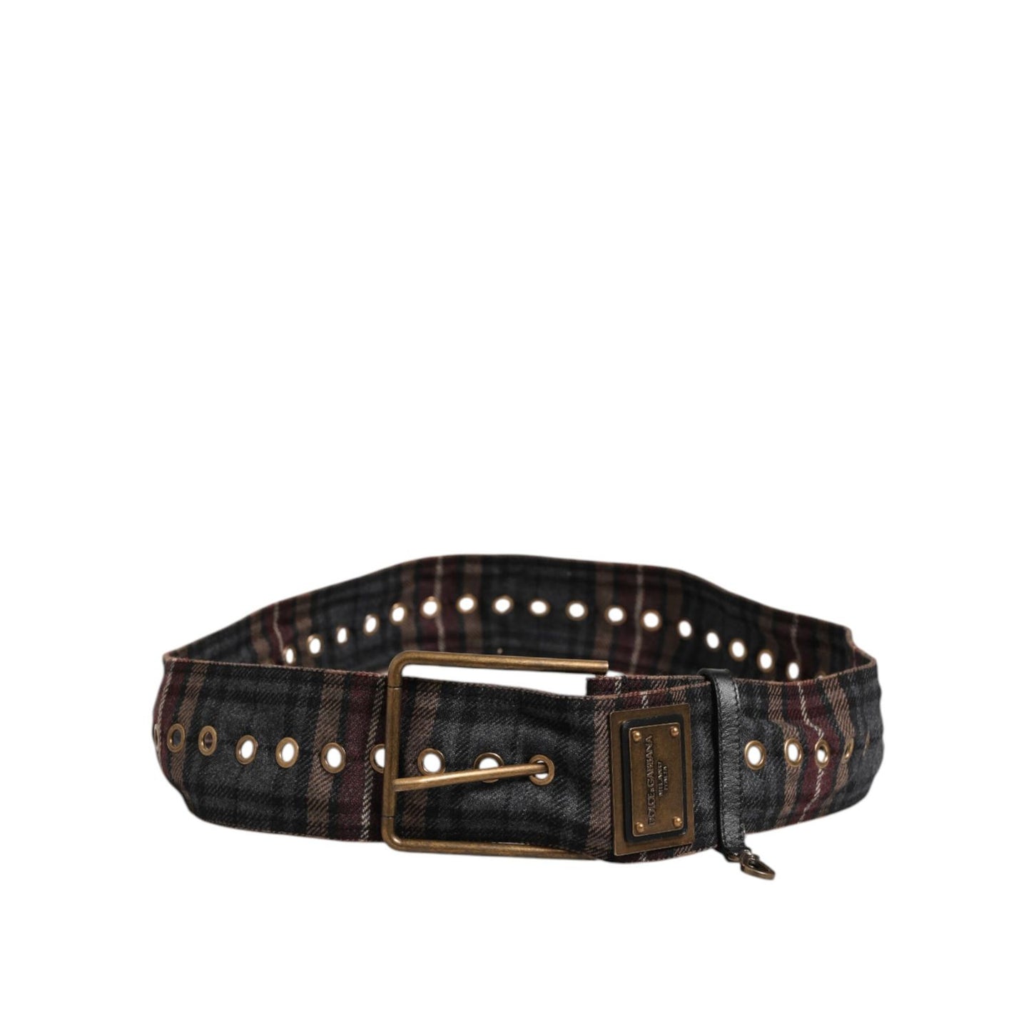Dolce & Gabbana Plaid Fabric Logo Plate Brass Buckle Belt in black, brown, red with antique brass hardware.
